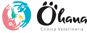 Logotipo de la clínica veterinaria "Ohana": huella de pata, nombre y animales (gato, perro, pájaro, conejo) en un círculo.