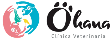Logotipo de la clínica veterinaria "Ohana": huella de pata, nombre y animales (gato, perro, pájaro, conejo) en un círculo.