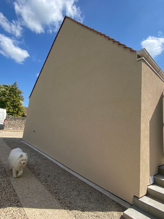 Mur extérieur beige avec un escalier à droite, ciel bleu et un petit chien blanc sur du gravier à gauche.