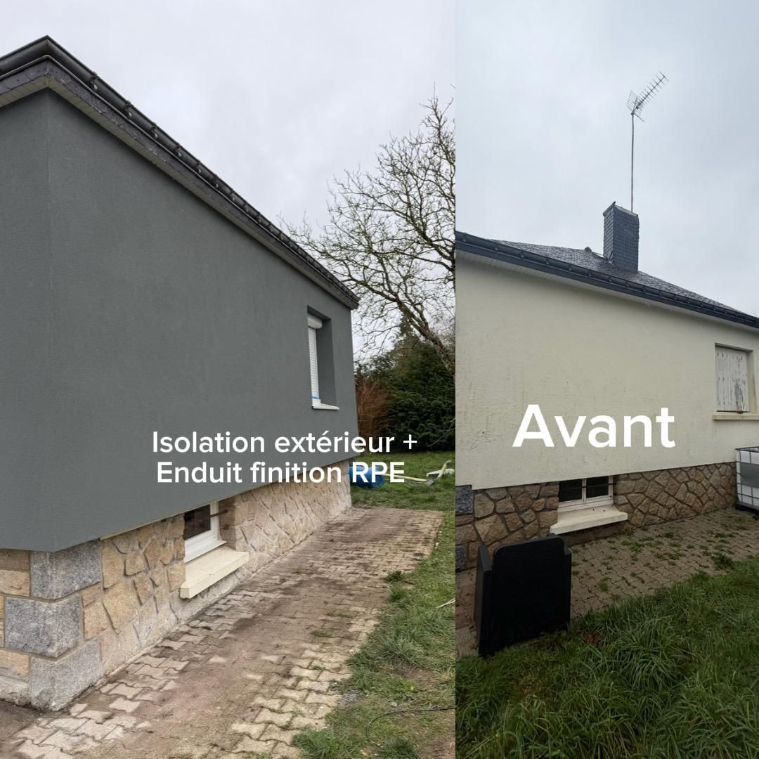 Avant/Après d’une façade de maison : isolation extérieure et enduit de finition RPE.