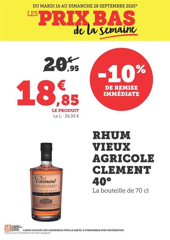 Rhum vieux agricole clément 40 degrés, la bouteille de 70 cl. Moins 10 % de remise immédiate, soit 18,85€ le produit au lieu de 20,95€. Le litre : 26,93€.