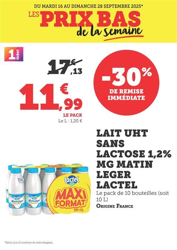 Lait UHT sans lactose 1,2% de matière grasse matin léger Lactel, le pack de 10 bouteilles, soit 10 litres, origine France. Moins 30% de remise immédiate soit 11,99€ le pack au lieu de 17,13€. Le litre : 1,20€.