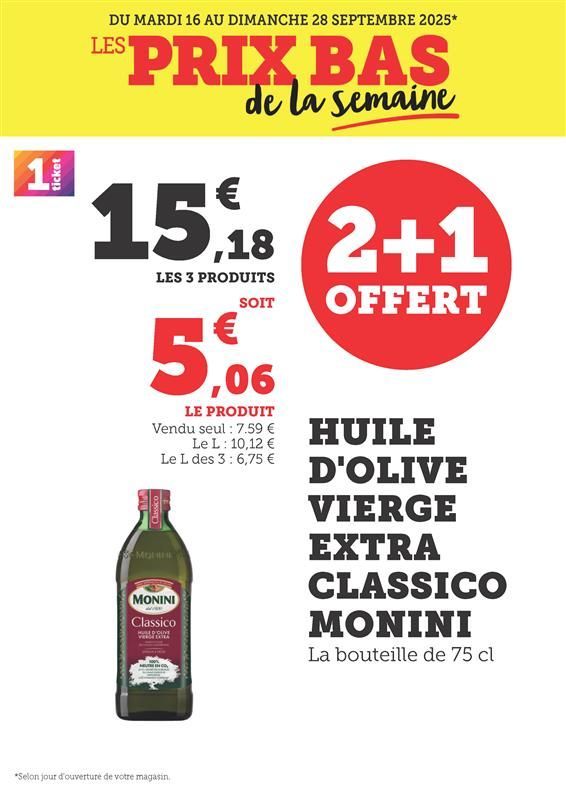 Huile d’olive vierge extra classico Monini, la bouteille de 75 cl. 2+1 Offert. 15,18€ les 3 produits soit 5,06€ le produit. Vendu seul : 7,59€, le litre : 10,12€, le litre des 3 : 6,75€.