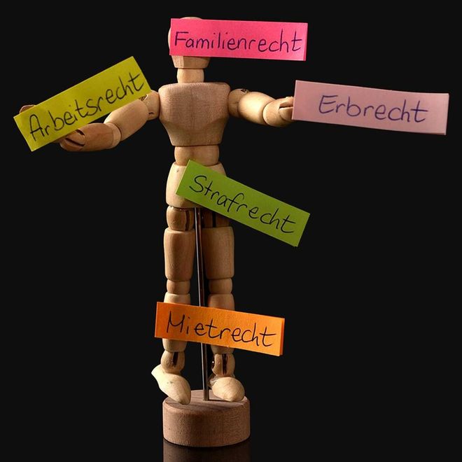 Holzfigur Holzfigur mit der Aufschrift: Arbeitsrecht, Familienrecht, Erbrecht, Strafrecht, sowie Mietrecht.