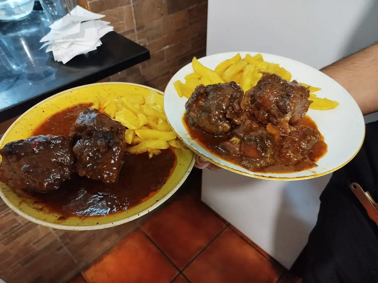 Una persona sostiene dos platos de comida que incluyen carne y papas fritas.