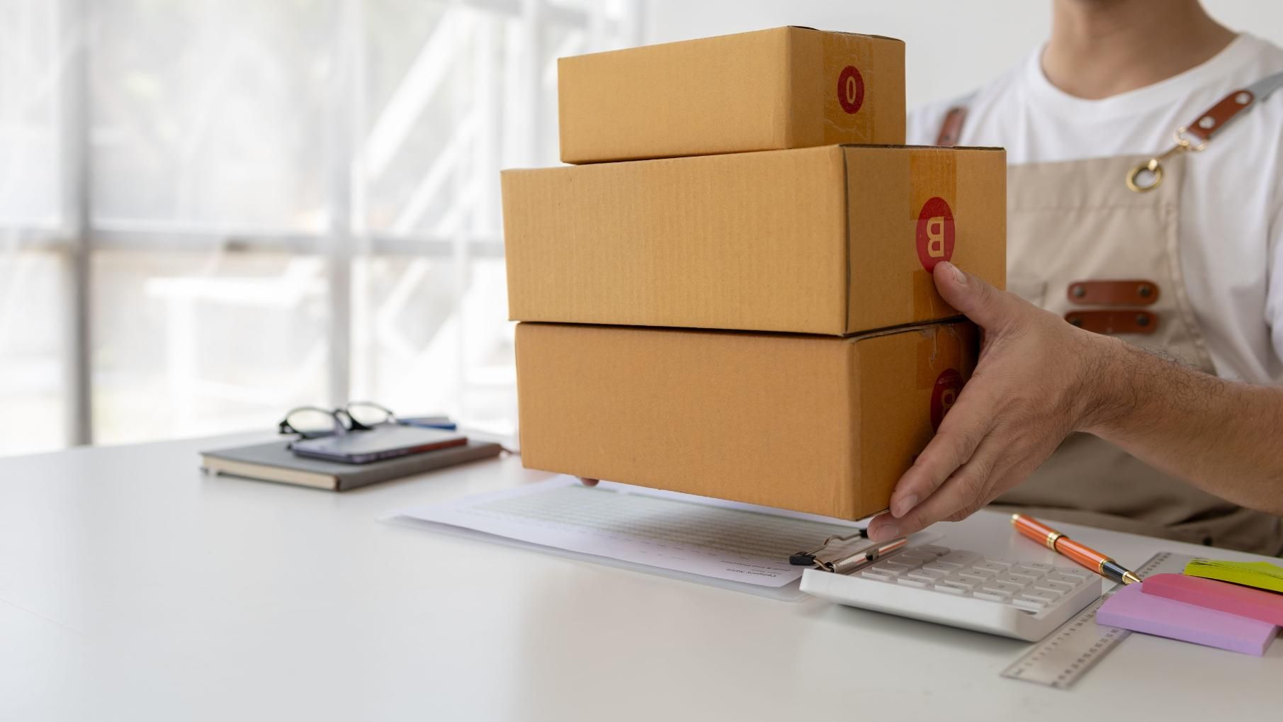 Una persona sostiene cajas de cartón apiladas en un escritorio, junto con material de embalaje.