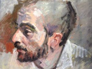 Pintura al óleo de un hombre de perfil, con barba, vestido con camisa blanca, pinceladas suaves y colores apagados.