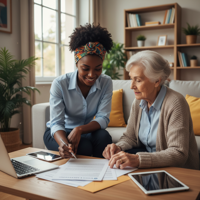 Une femme et une personne âgée consultent des documents sur un ordinateur portable dans un salon lumineux.