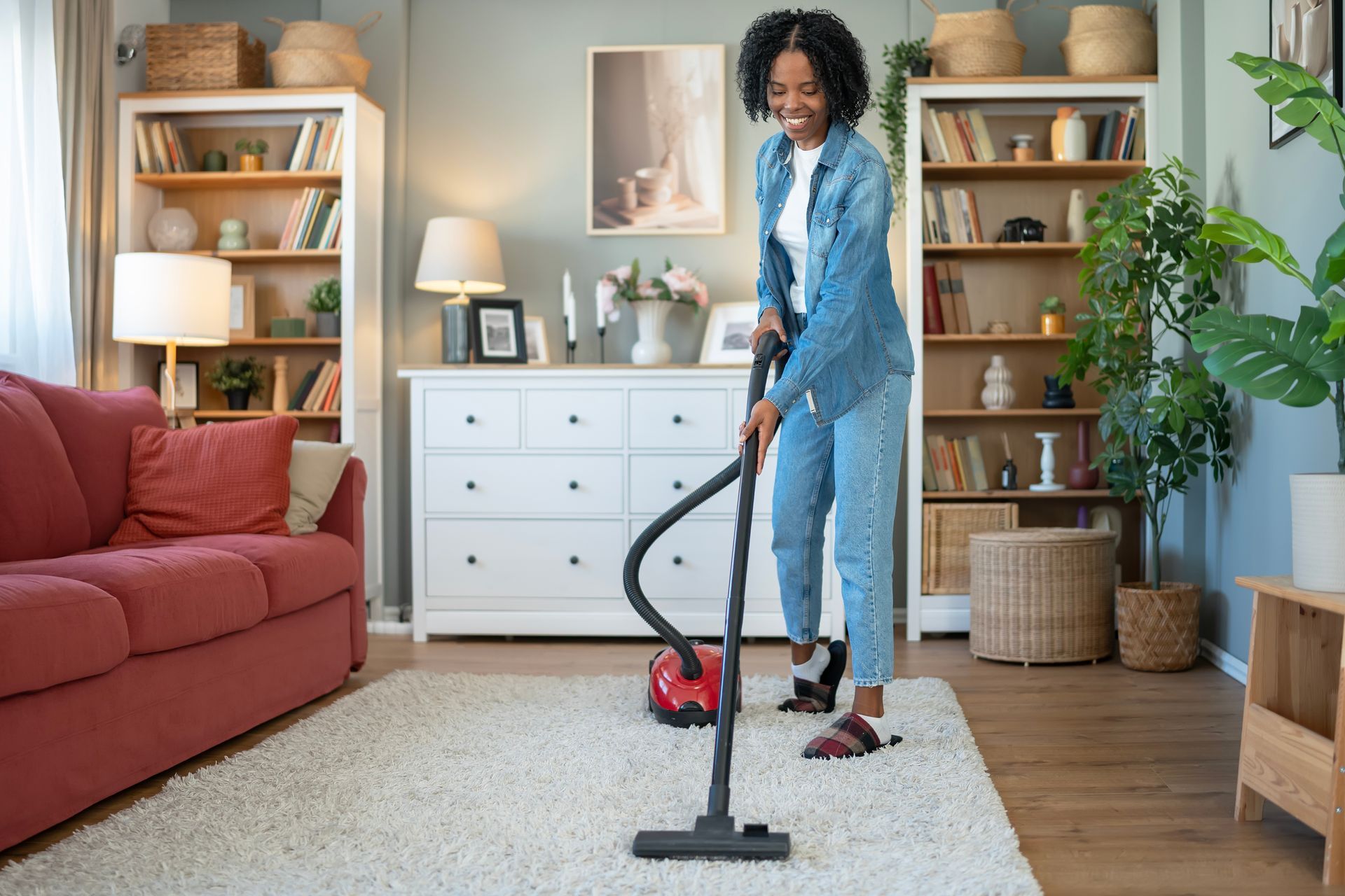 Une personne passe l'aspirateur dans un salon lumineux avec un canapé rouge, une commode blanche et une plante en pot.