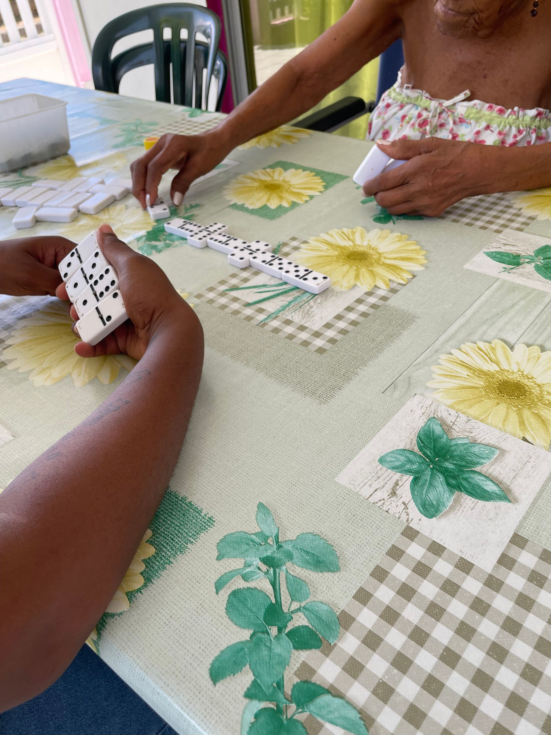 Personne souriante aux cheveux tressés et aux bras croisés, portant une chemise marron sur fond blanc