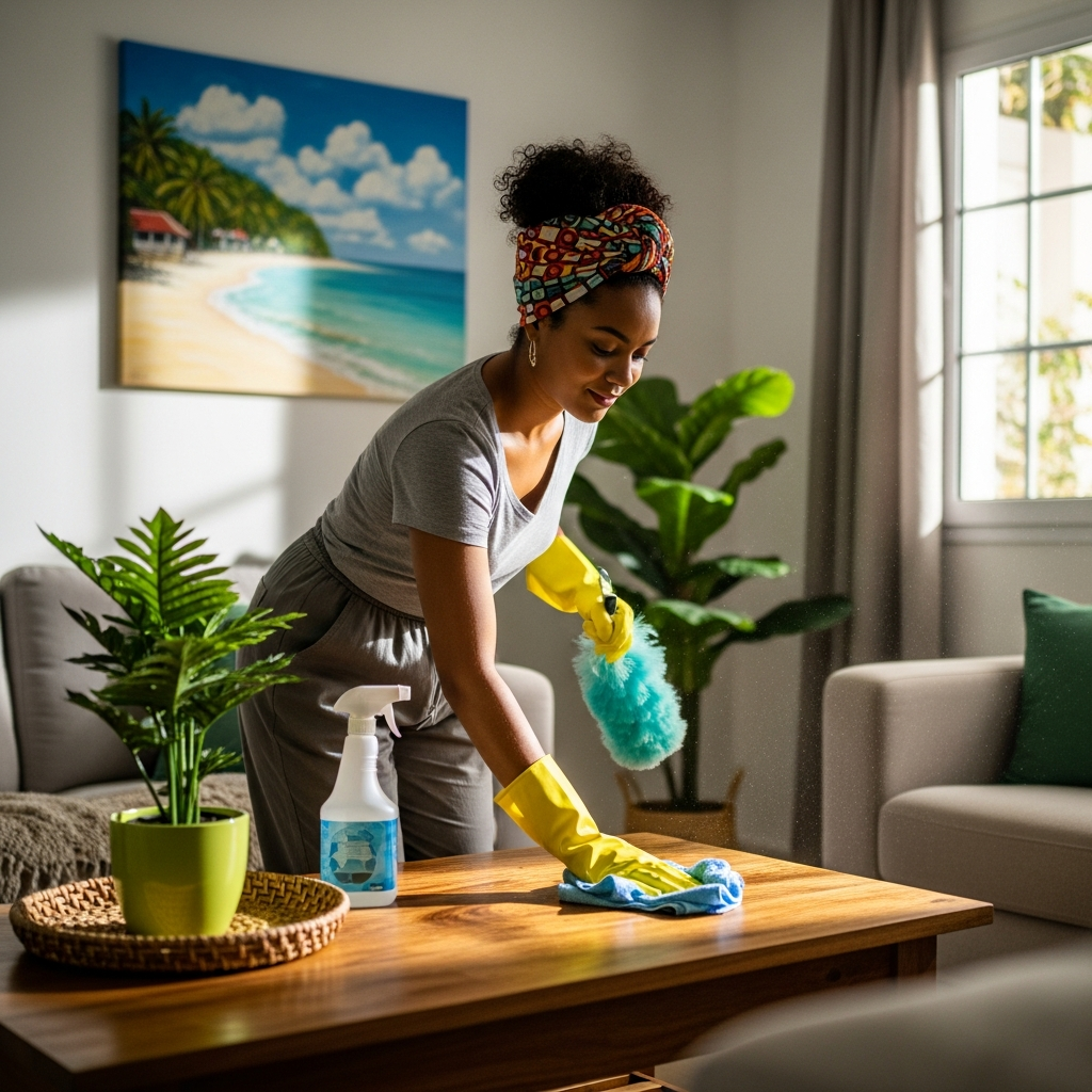 Une personne dépoussière une table basse en bois dans un salon lumineux orné de plantes et d'un tableau représentant une plage.