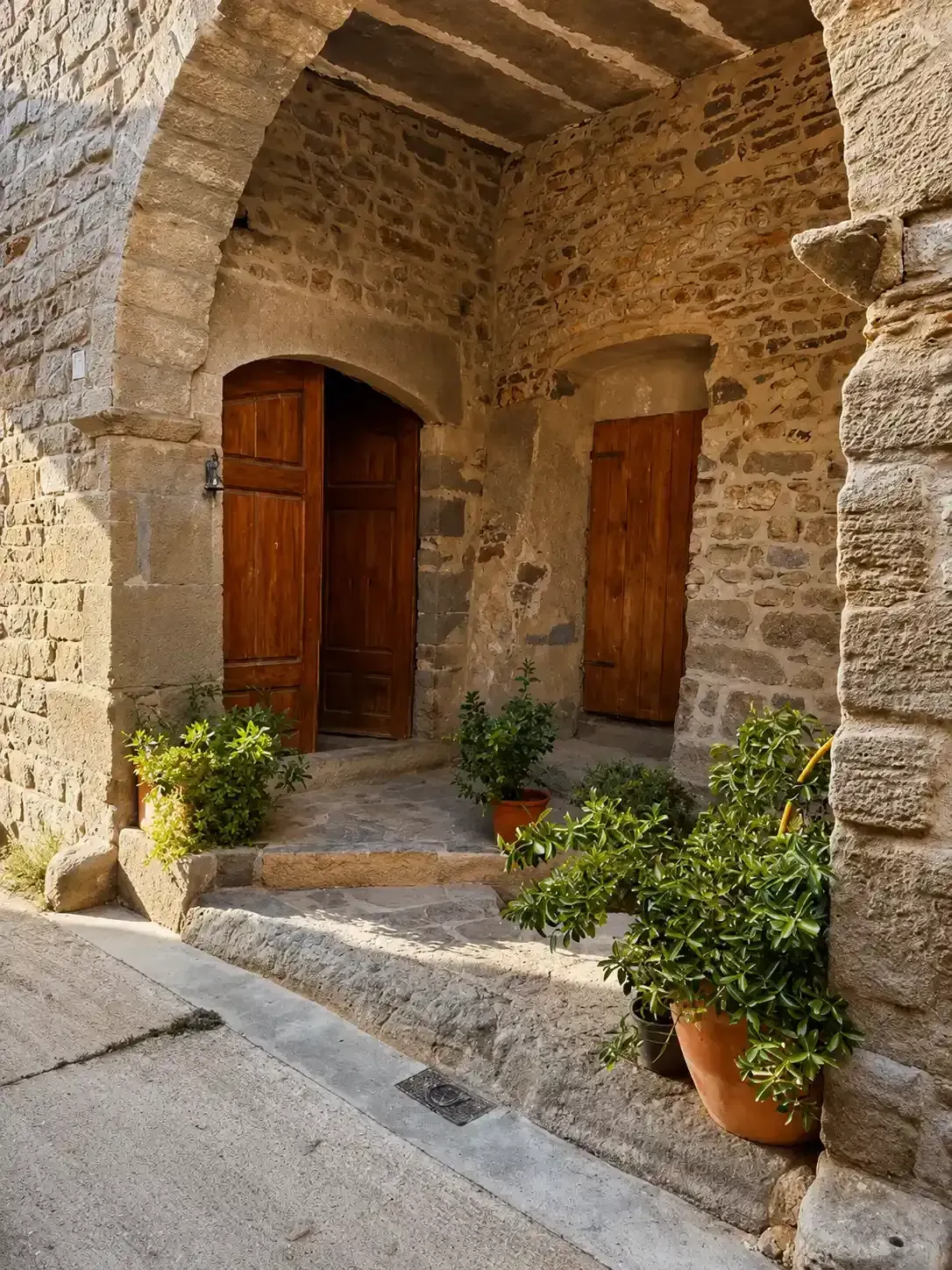 Patio con arco de piedra, puertas de madera y plantas en macetas bañado por la cálida luz del sol.