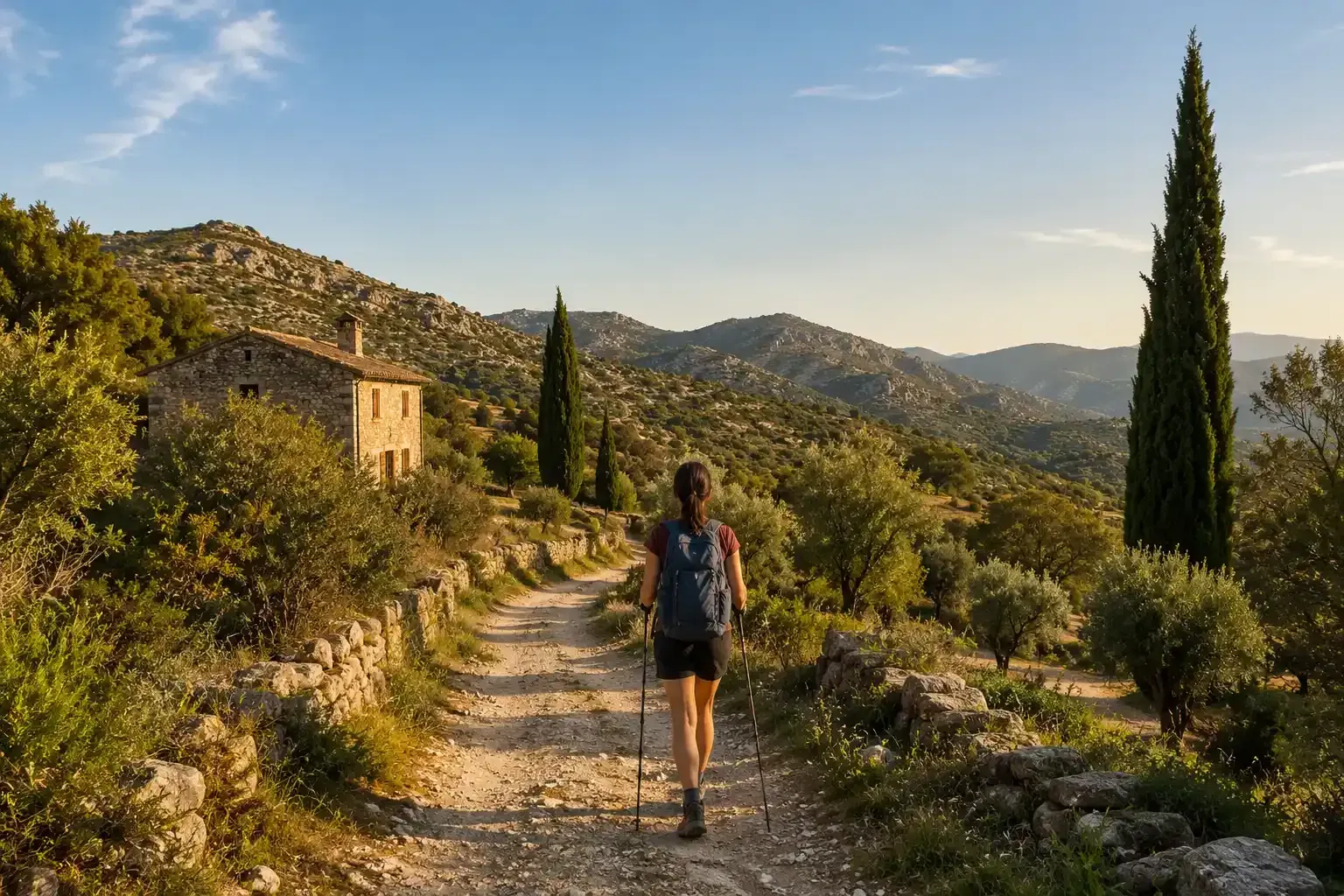 Un excursionista camina por un sendero de piedra a través de colinas soleadas con olivos y montañas al atardecer.
