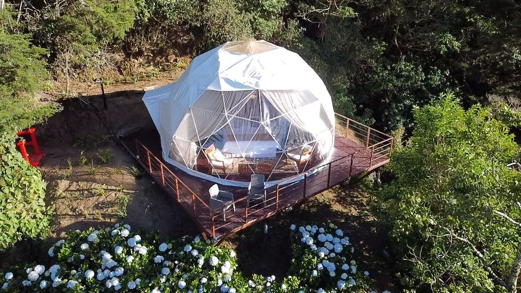 An aerial view of a dome tent in the middle of a forest.