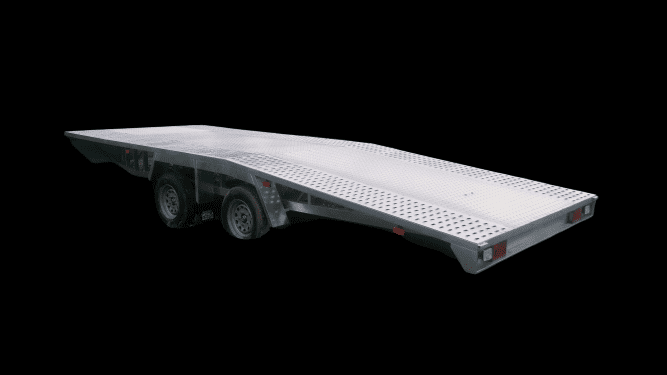 Un remolque blanco con una rampa sobre un fondo negro.