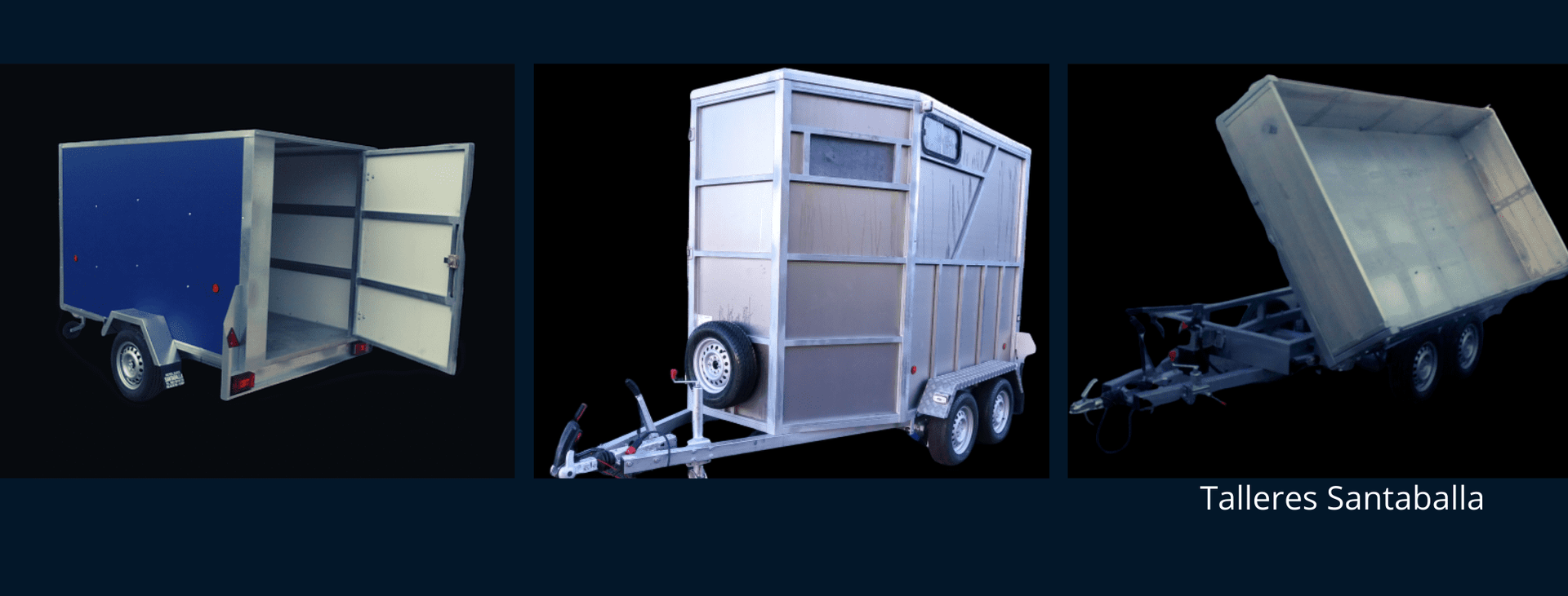 Se muestran tres tipos diferentes de remolques sobre un fondo negro.