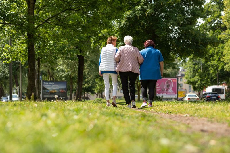 Drei Frauen gehen gemeinsam auf einem Weg in einem Park spazieren; sie sind von grünem Gras und Bäumen umgeben.