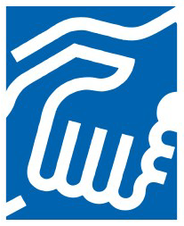 Ein blau-weißes Logo mit einer Hand, die eine andere Hand hält.