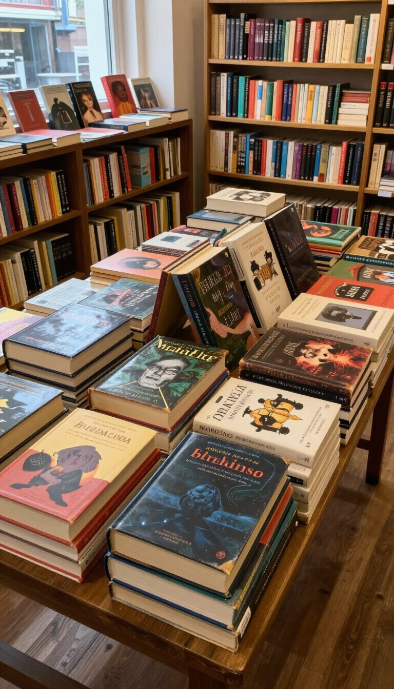 Exhibición de librería con pilas de libros variados sobre mesas y estantes en el interior de una acogedora tienda.