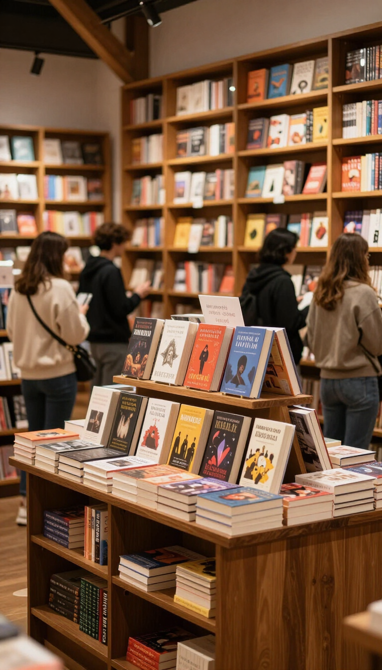 Clientes hojeando libros en una acogedora librería con estanterías de madera y una mesa de exposición central.
