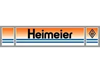 Heimeier-Logo auf weißem Hintergrund mit orangefarbenen und blauen Streifen und einem kleinen Emblem