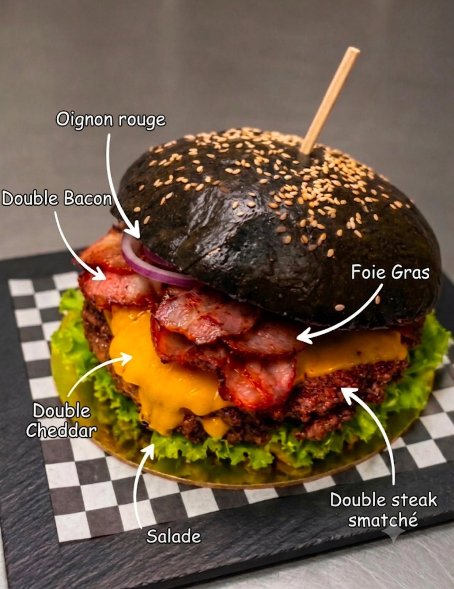 Burger gastronomique annoté sur une surface à damier, avec les ingrédients et garnitures étiquetés visibles.