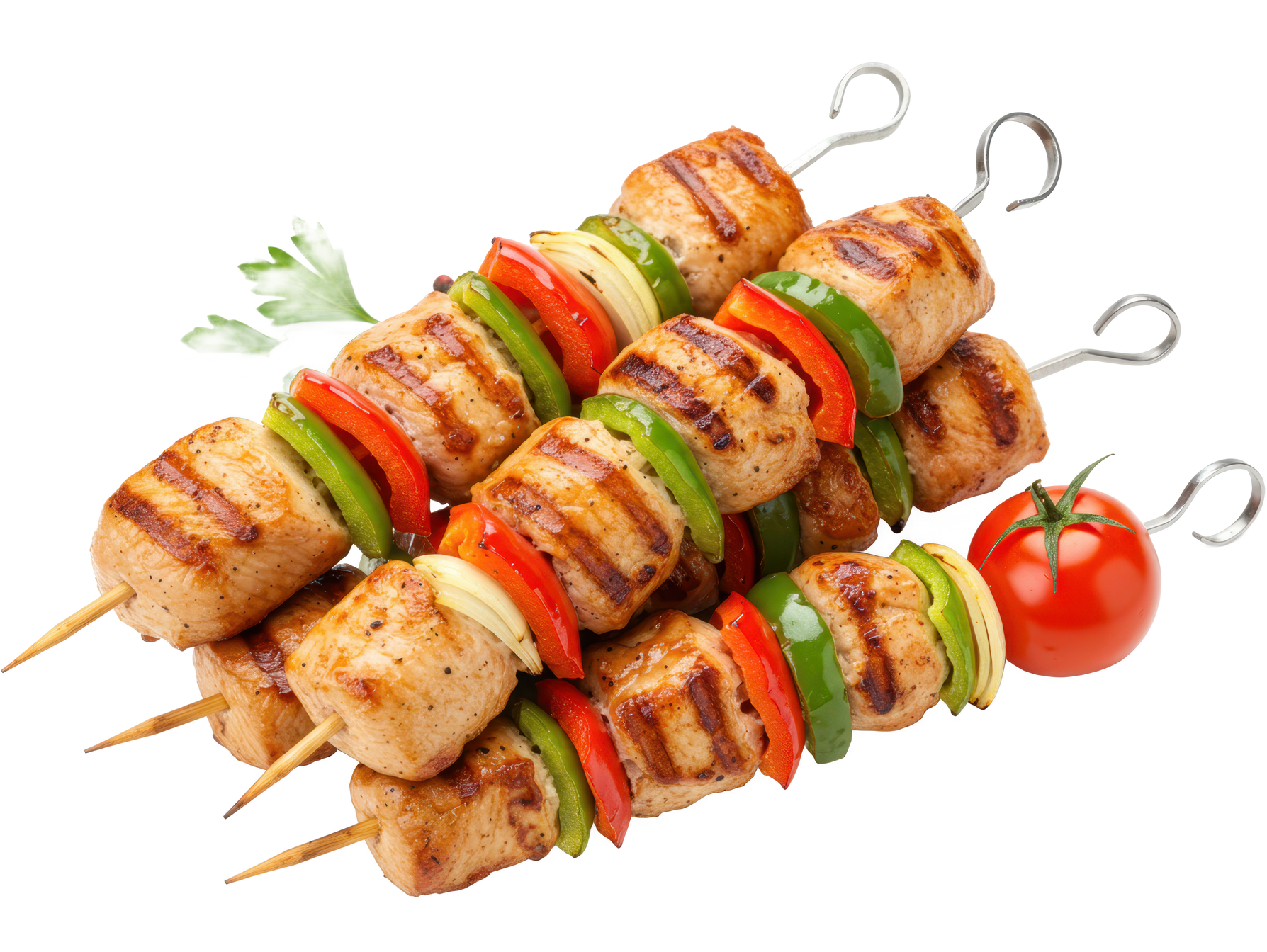 Brochettes de légumes et de poulet grillés avec des tomates cerises sur fond blanc.
