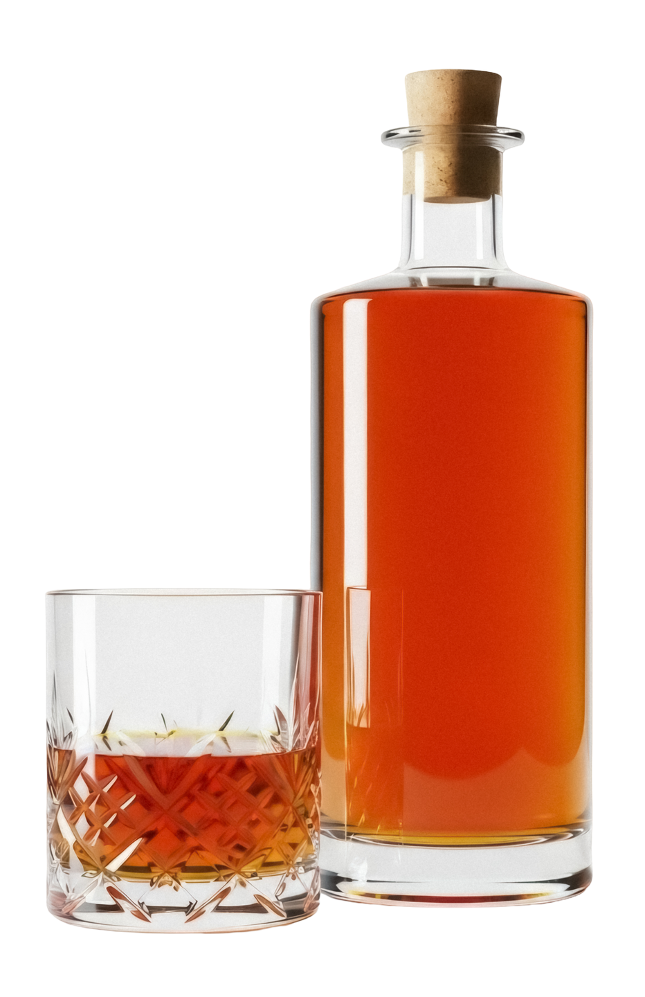 Une bouteille de whisky en verre contenant une liqueur ambrée, à côté d'un petit verre de whisky, sur fond blanc.