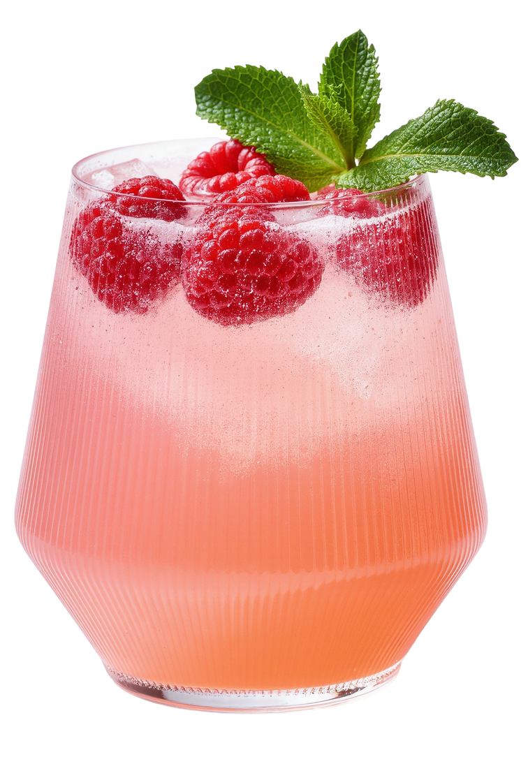 Cocktail à la framboise rose servi dans un verre transparent, garni de feuilles de menthe.