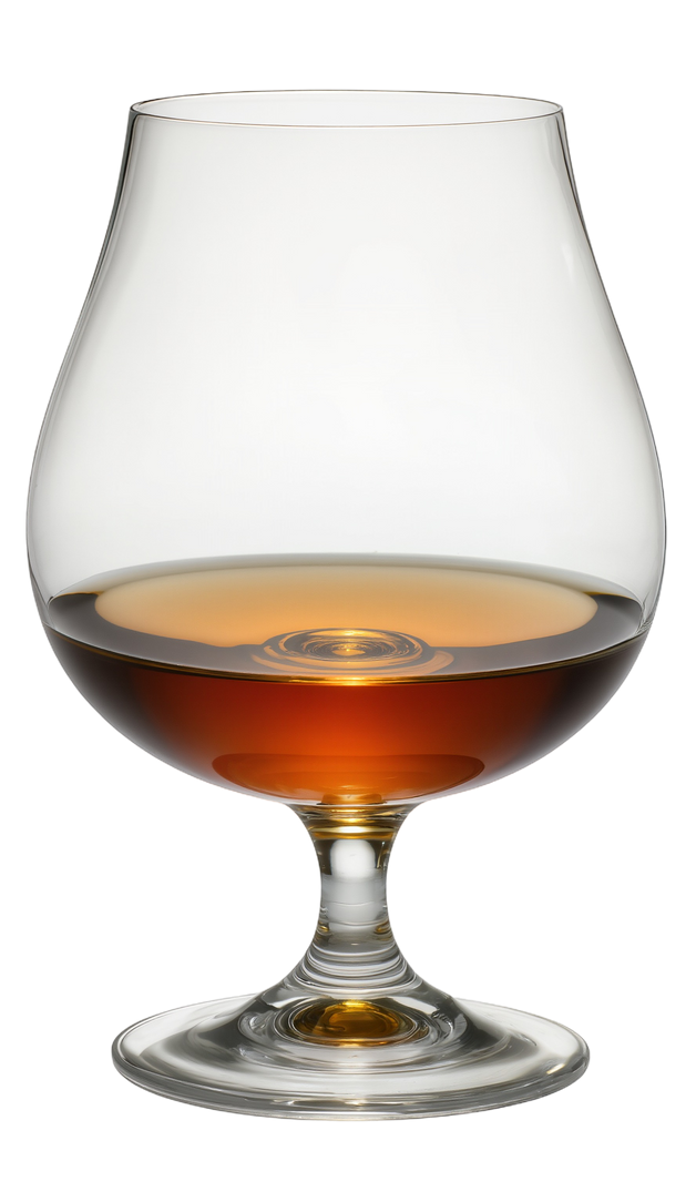 Un verre de whisky ambré, à la coupe large et transparente, monté sur un pied court, isolé sur fond blanc.