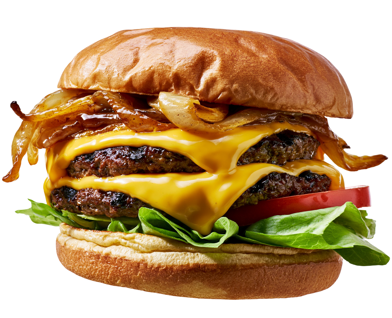 Cheeseburger juteux avec cheddar fondu, oignons croustillants, laitue, tomate et un pain grillé