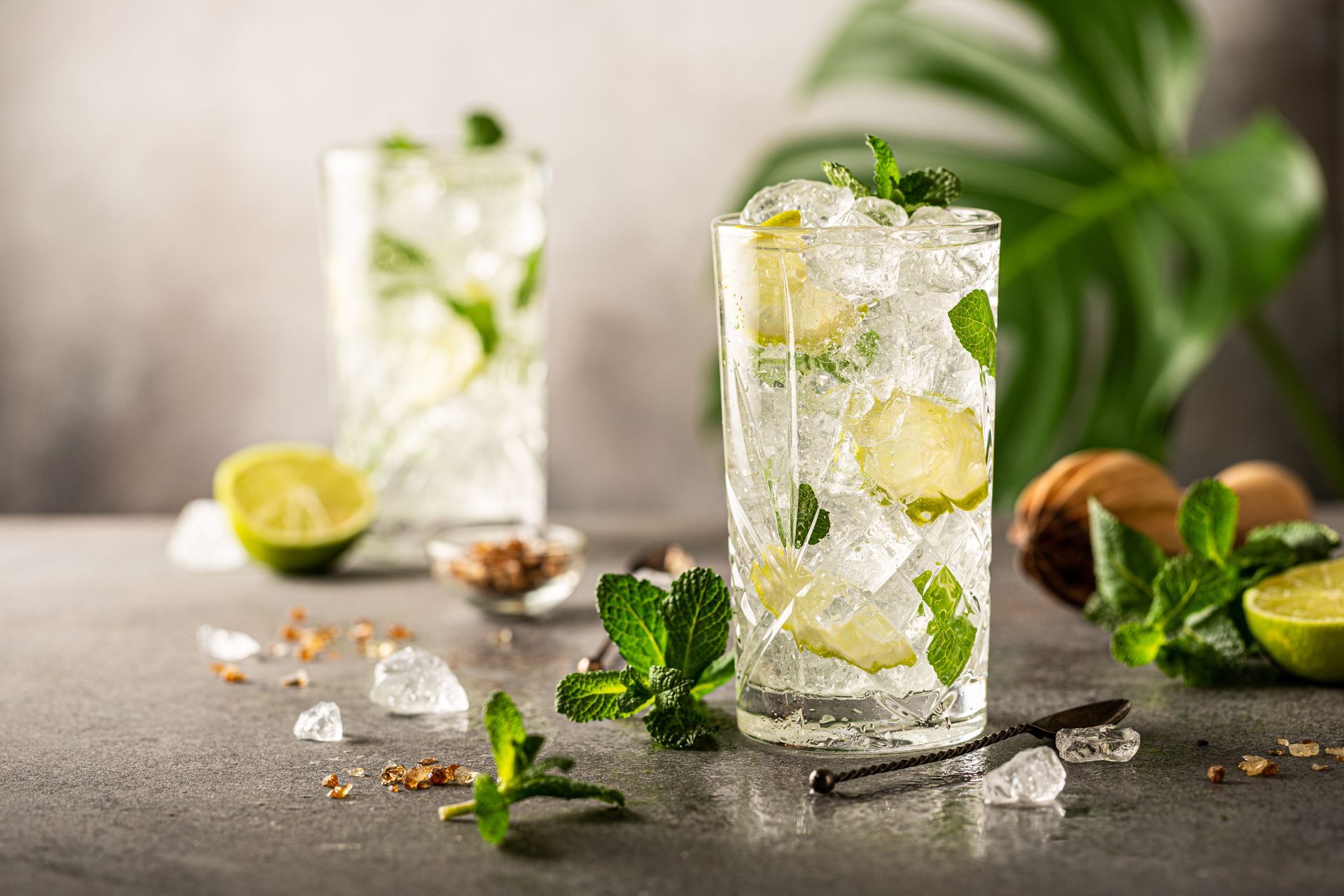 Deux boissons pétillantes à la menthe et au citron vert avec des glaçons sur une table grise, garnies de menthe fraîche et de tranches de citron vert.