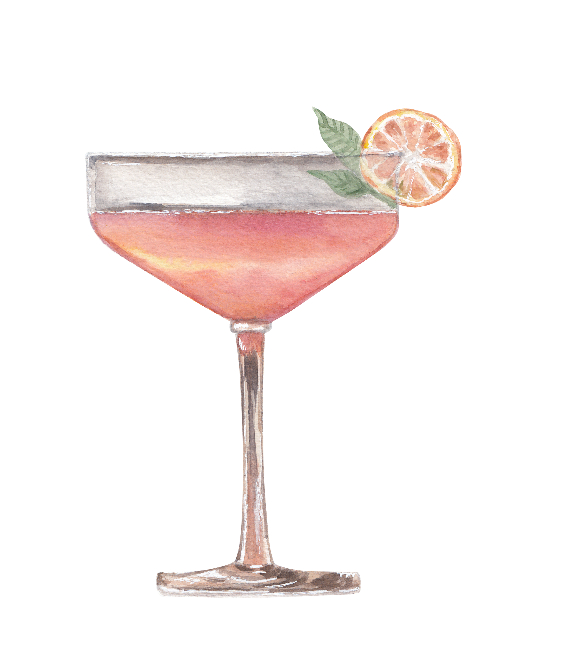 Cocktail rose servi dans un verre à pied, garni d'une tranche d'agrume et d'une feuille de menthe.