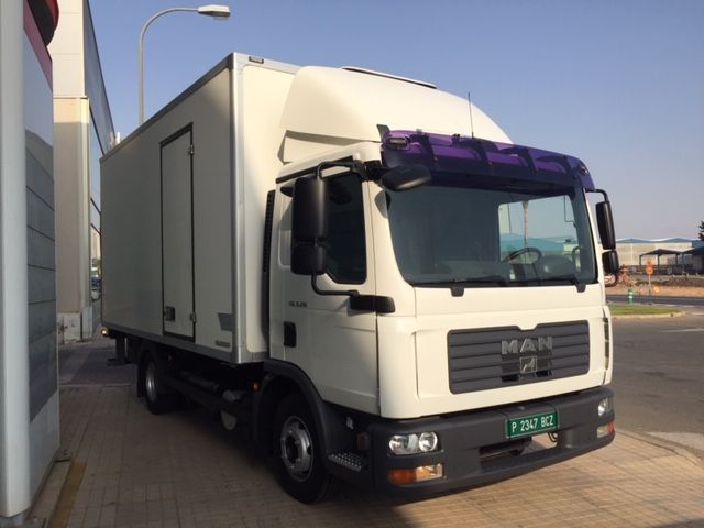 Un camión de un hombre blanco está estacionado frente a un edificio.