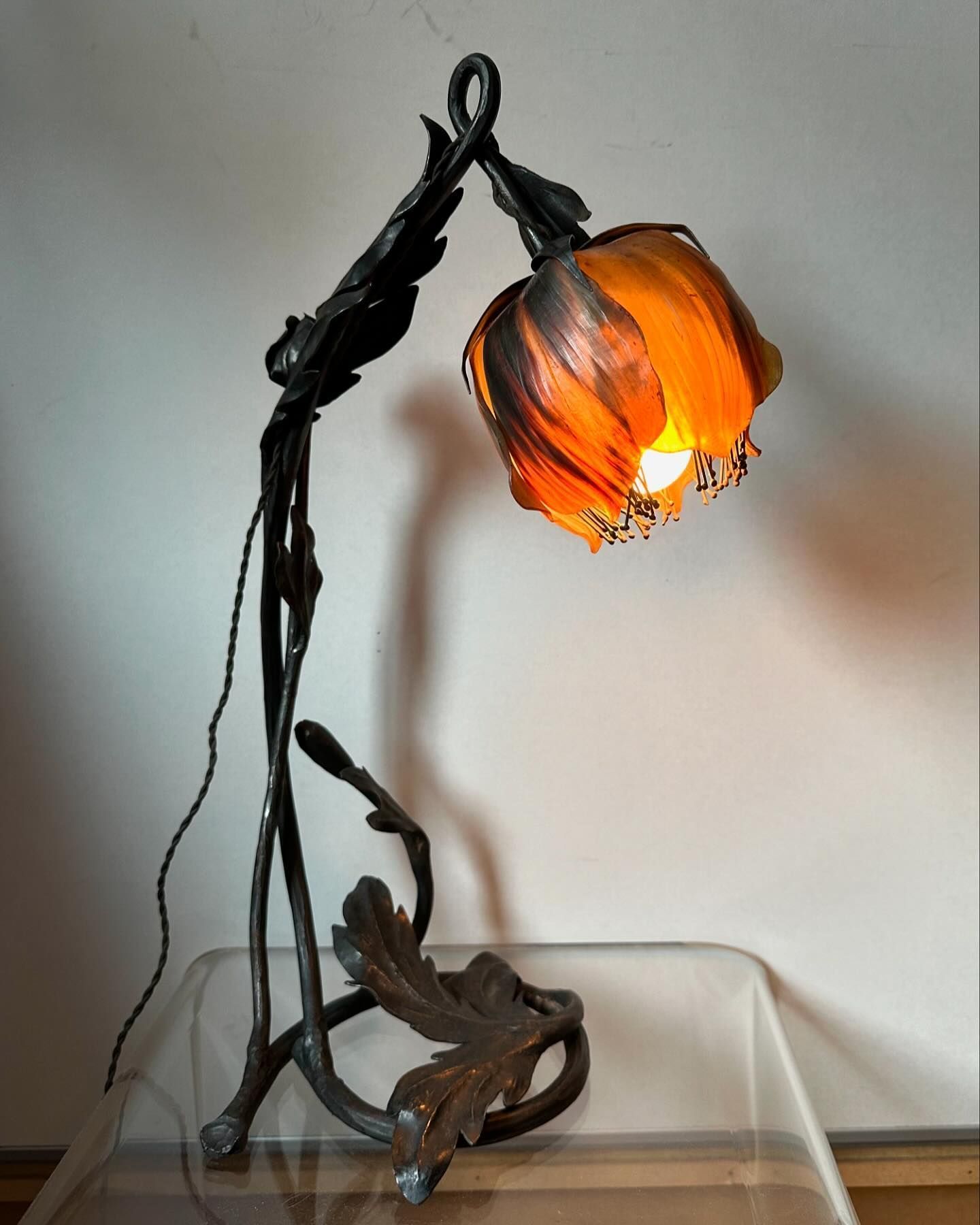 Rare lampe Art nouveau - Exposée au salon de 1909 à Paris
Fer forgé et cache-ampoule en pétales de corne