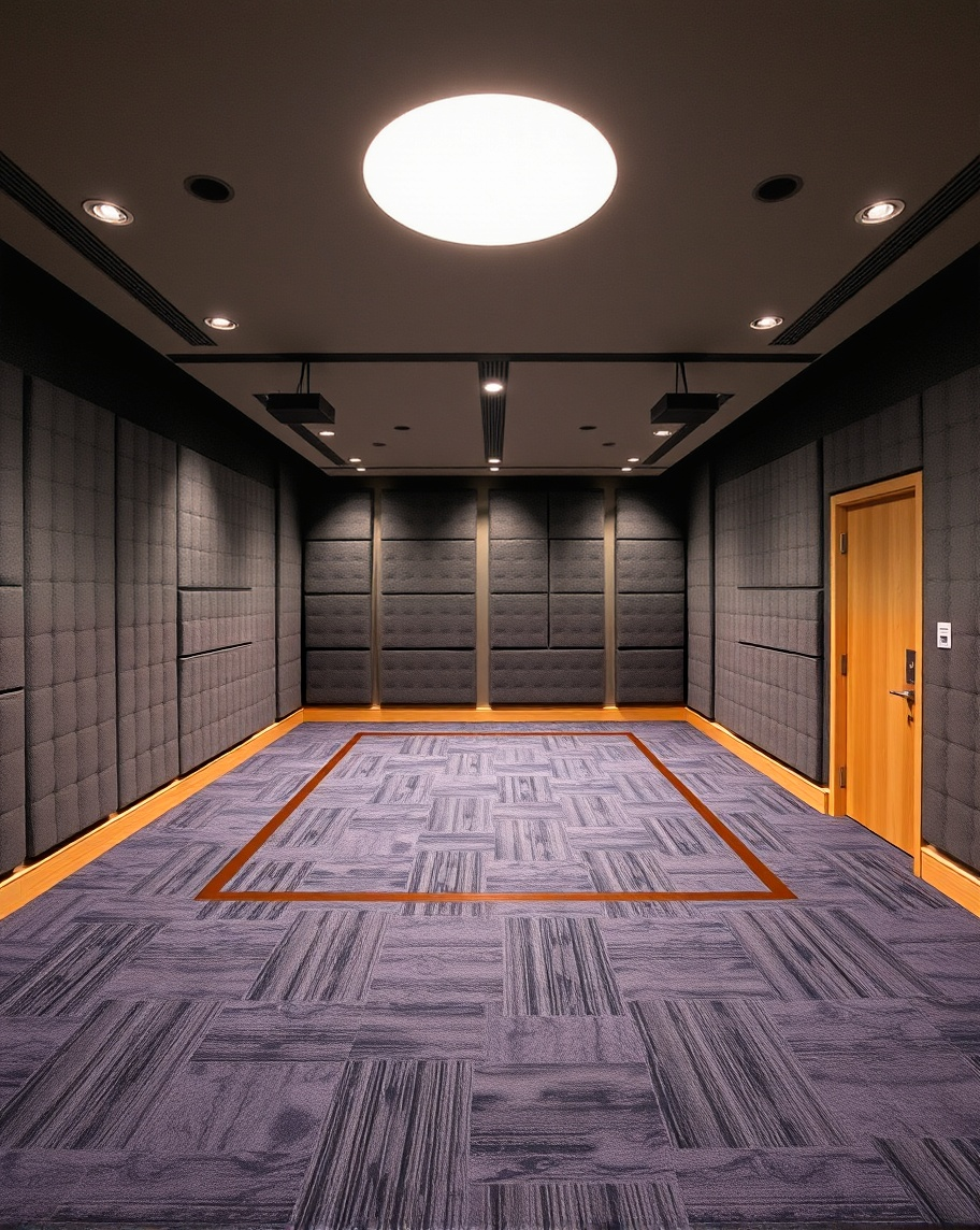 Una habitación grande con una alfombra morada y una puerta.