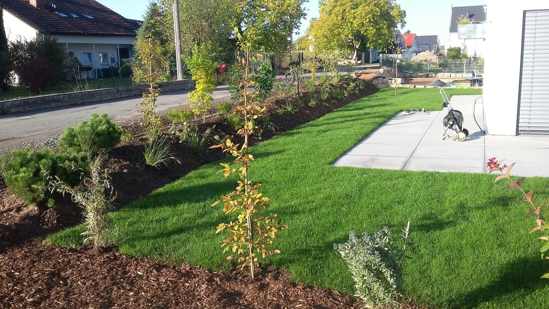 Ein gepflegter Vorgarten mit grünem Rasen, kleinen Bäumen und einem Haus im Hintergrund.