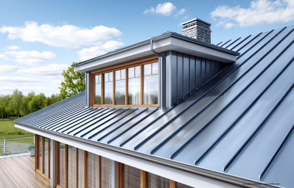 Modernes Haus mit silbernem Metalldach und Dachgauben unter blauem Himmel