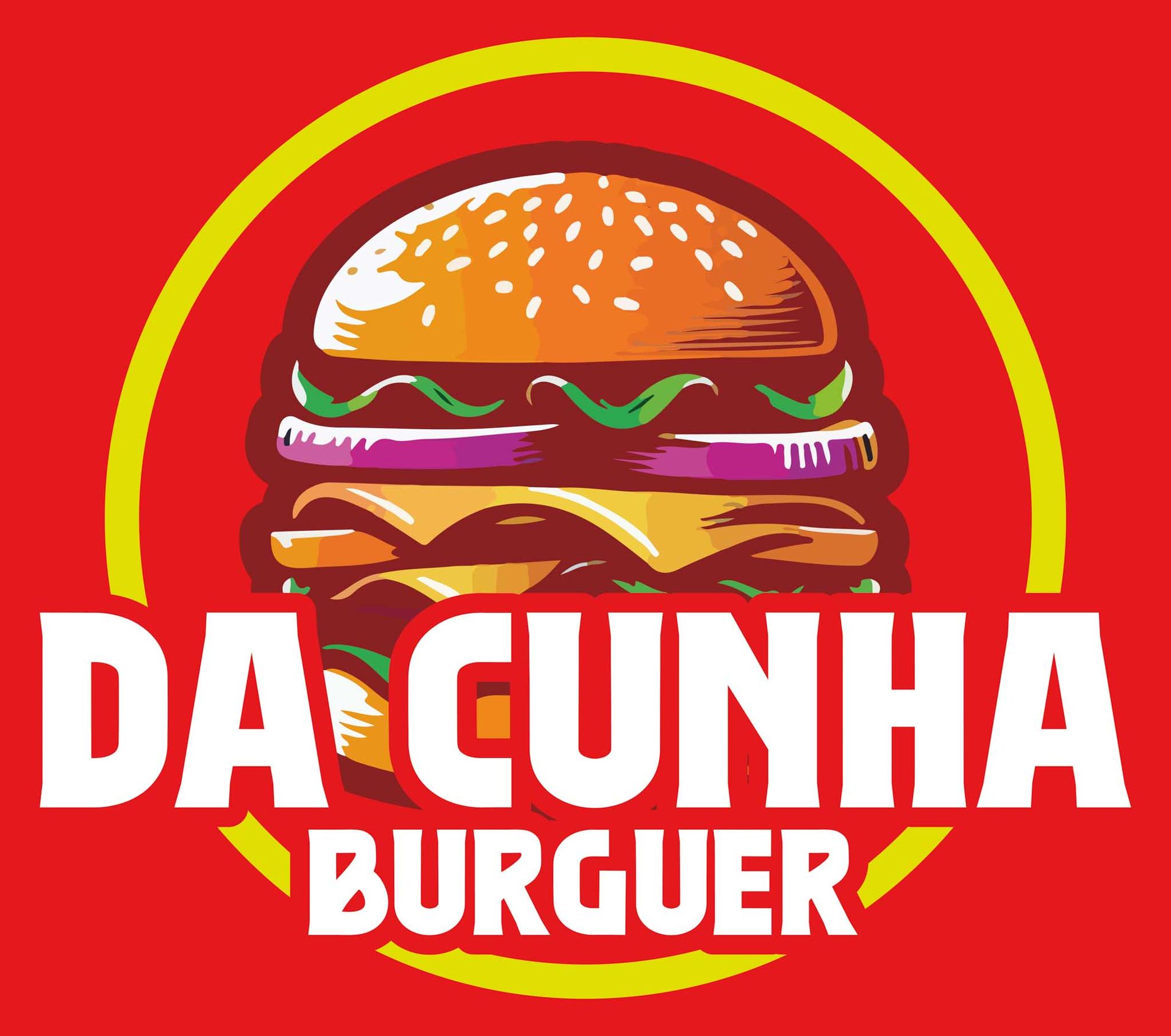 El logo de da cunha burguer muestra una hamburguesa sobre un fondo rojo.