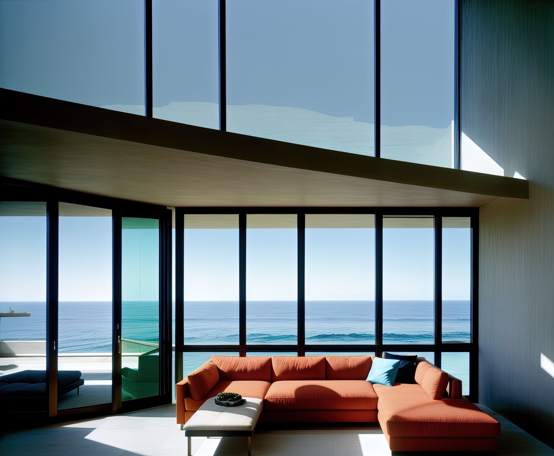 Grandes fenêtres en alu noir avec vue sur la mer