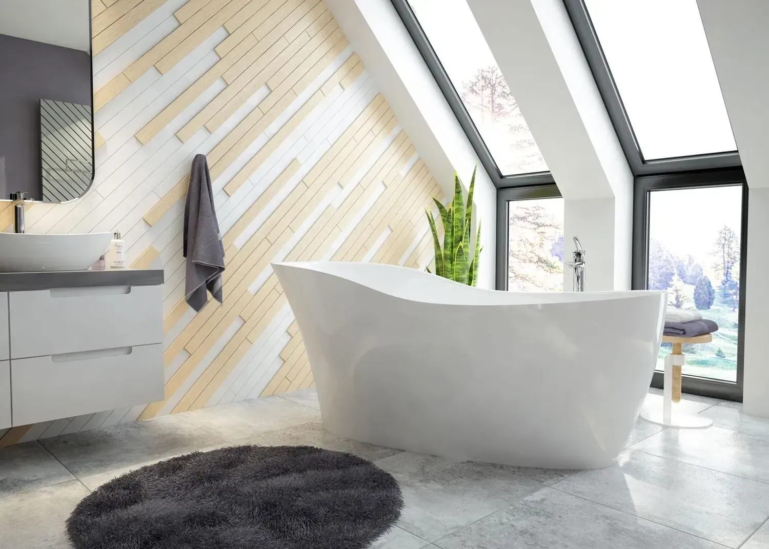 Modernes Badezimmer mit weißer Badewanne, grauem Waschtisch und Holzakzentwand.