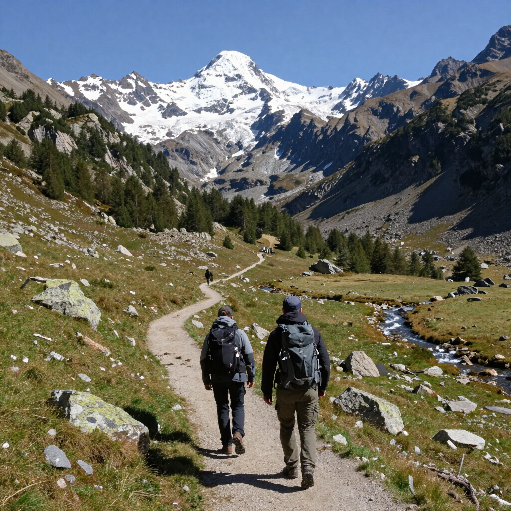 Dos excursionistas recorriendo un sendero de montaña hacia unas cumbres nevadas bajo un cielo despejado