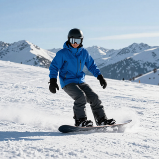 Snowboarder con una chaqueta azul bajando la ladera nevada de una montaña mientras hace giros, con picos al fondo