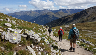 Excursionistas con mochilas caminando por un sendero rocoso de montaña bajo un cielo despejado