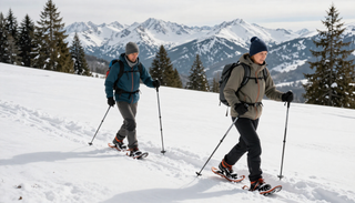 Dos esquiadores con ropa de invierno avanzan por la nieve con bastones; al fondo, se ven montañas y pinos