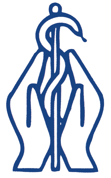 Blaues Symbol: Hände, die einen Stab mit einer Schlange und einem Haken am oberen Ende halten.