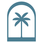 Black palm tree within a black arched frame, simple and stylized.