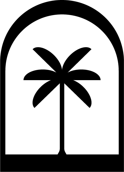 Black palm tree within a black arched frame, simple and stylized.