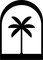 Black palm tree within a black arched frame, simple and stylized.