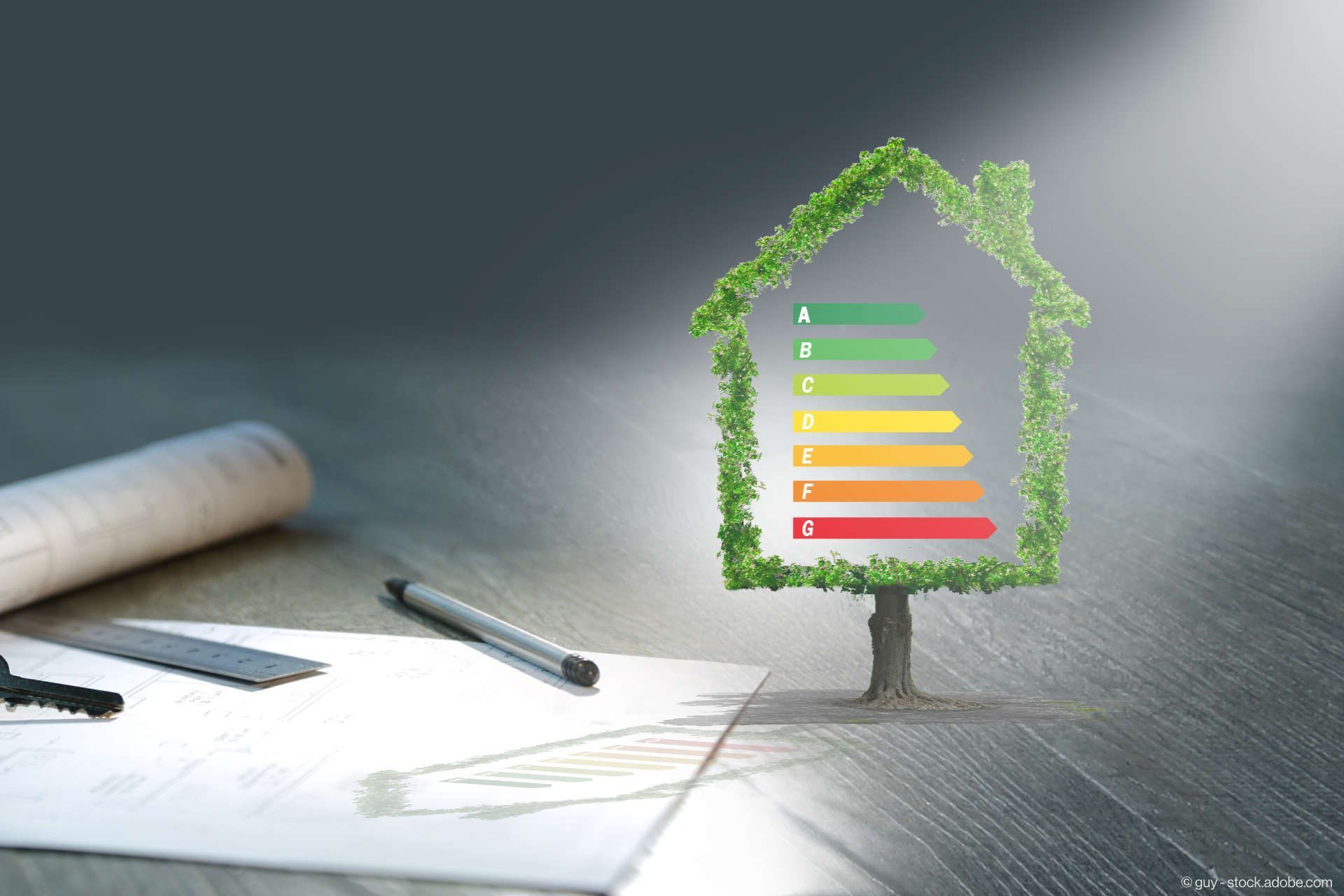 Ein grüner Hausumriss mit Energieeffizienzklassen
